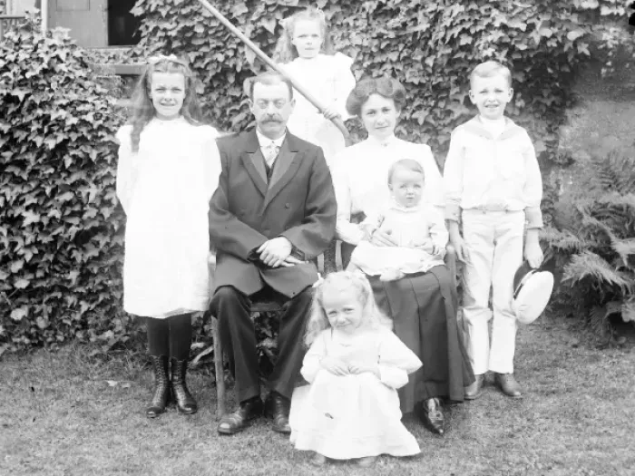 Framed Print : Middle class family group in a garden, Mid Wales Framed Print : Middle class family group in a garden, Mid Wales