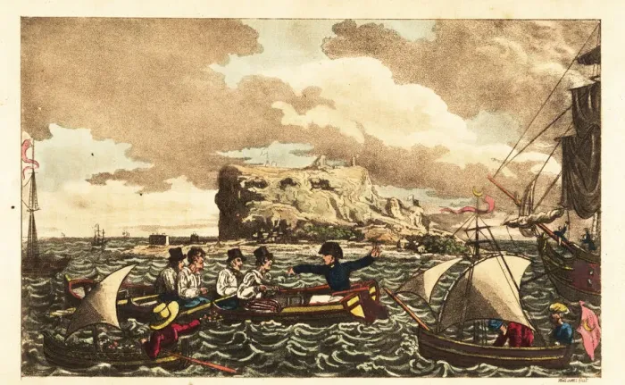 Framed Print : Midshipman Newcome transferred by rowboat to HMS Vanguard Framed Print : Midshipman Newcome transferred by rowboat to HMS Vanguard