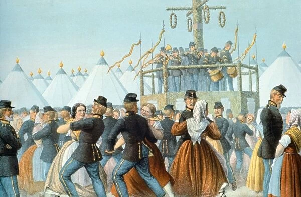 Midsummer Day. Soldiers dancing at a midsummer fair festival where there