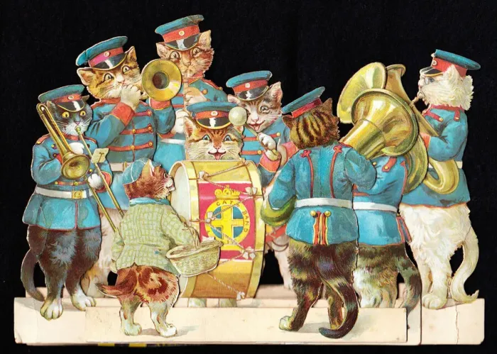 Framed Print : Military band of cats on a cutout greetings card
