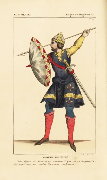 Framed Print : Military costume of a Norman soldier, 12th century Framed Print : Military costume of a Norman soldier, 12th century