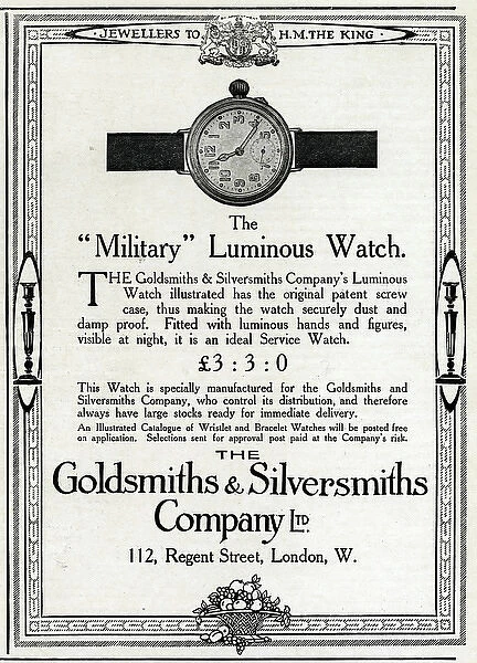 Military luminous watch advertisement, 1915