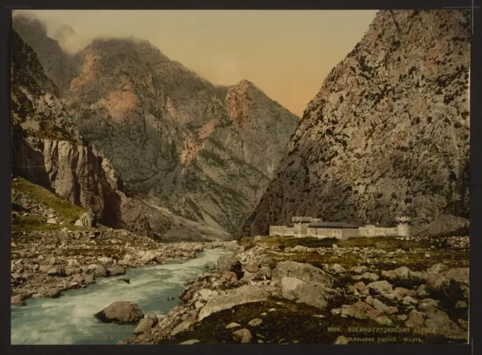 Framed Print : Military road. Fortress in the Dariel Ravine, Caucasus, Russ Framed Print : Military road. Fortress in the Dariel Ravine, Caucasus, Russ