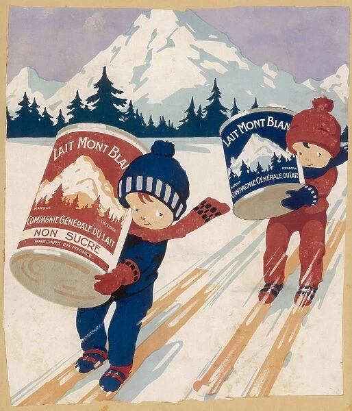 Milk Advertisement. Two children on skis carry cartons of Mont Blanc milk
