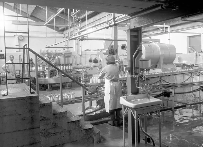 Framed Print : Milk Production in the 1960s: Bottle packing station Framed Print : Milk Production in the 1960s: Bottle packing station
