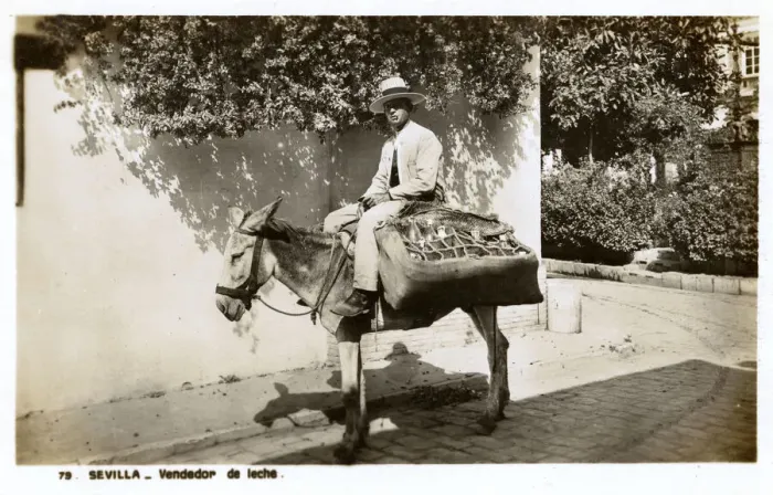 Framed Print : Milk vendor on a donkey, Seville, Spain Framed Print : Milk vendor on a donkey, Seville, Spain