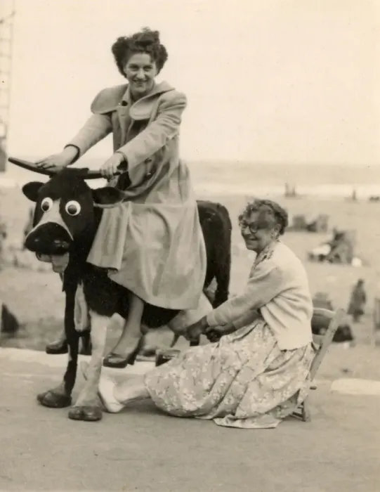 Framed Print : Milking a fake comedy cow at the seaside Framed Print : Milking a fake comedy cow at the seaside