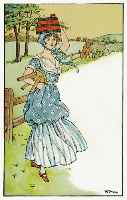Framed Print : Milkmaid in a long blue dress carrying a stool and a bucket of milk on her head Framed Print : Milkmaid in a long blue dress carrying a stool and a bucket of milk on her head