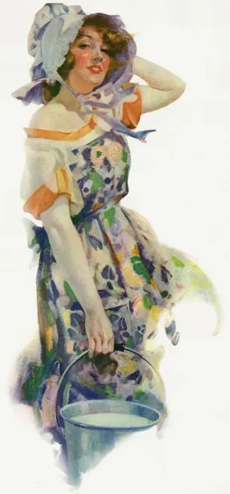 Framed Print : Milkmaid. Pretty young lady in floral apron and bonnet carrying pail of milk Framed Print : Milkmaid. Pretty young lady in floral apron and bonnet carrying pail of milk