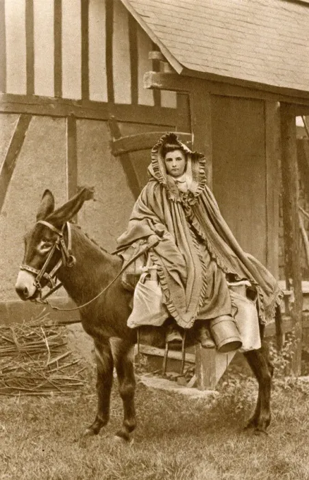 Framed Print : Milkmaid on a donkey, Normandy, Northern France Framed Print : Milkmaid on a donkey, Normandy, Northern France
