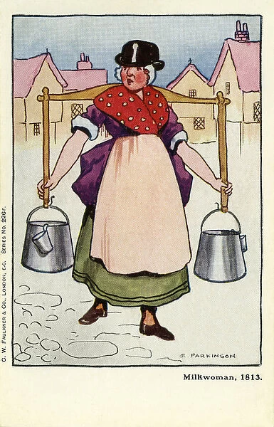 Milkwoman. A milkwoman of 1813 carrying pails of milk on a yoke