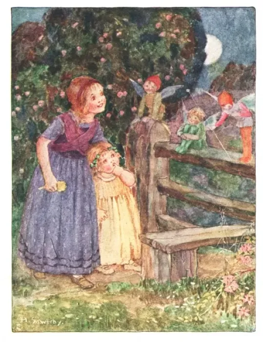 Framed Print : Millicent Sowerby. Fairies at the stile Framed Print : Millicent Sowerby. Fairies at the stile
