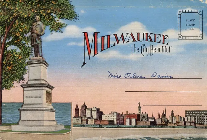 Framed Print : Milwaukee, Wisconsin, USA - The City Beautiful, with a statue of Solomon Juneau Date: circa 1940 Framed Print : Milwaukee, Wisconsin, USA - The City Beautiful, with a statue of Solomon Juneau Date: circa 1940