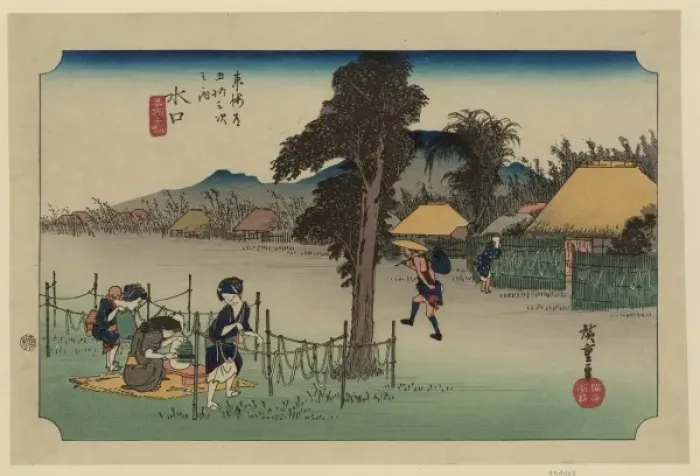 Framed Print : Minakuchi. Print shows a woman hanging gourd shavings to dry Framed Print : Minakuchi. Print shows a woman hanging gourd shavings to dry