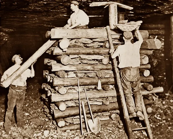 Framed Print : Miners building a cog Victorian period Framed Print : Miners building a cog Victorian period