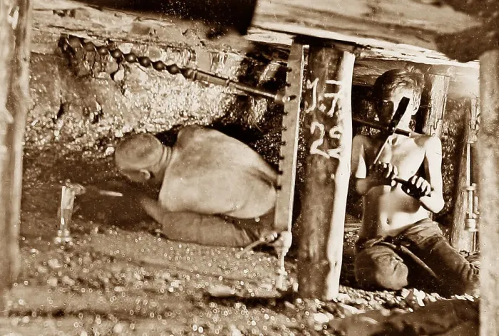 Framed Print : Miners drilling holes in a two foot seam early 1900s Framed Print : Miners drilling holes in a two foot seam early 1900s