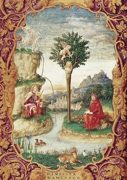 Miniature with Francesco Petrarca, Laura de Noves and a mins