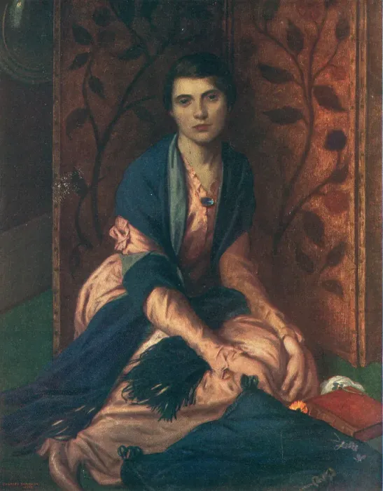 Framed Print : Miriam. A portrait painting of Miriam, a young woman knelt by a flora decorated screen Framed Print : Miriam. A portrait painting of Miriam, a young woman knelt by a flora decorated screen