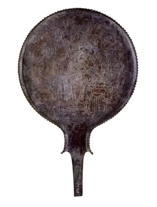 Framed Print : Mirror. 2nd c. BC. Carved drawing depicting a Framed Print : Mirror. 2nd c. BC. Carved drawing depicting a