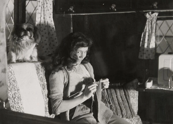 A mischievous-looking girl, caught on camera knitting in an armchair in her cottage