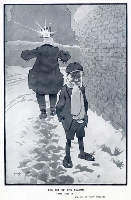 Framed Print : Mischievous schoolboy pleased with his direct hit. Date: 1904 Framed Print : Mischievous schoolboy pleased with his direct hit. Date: 1904