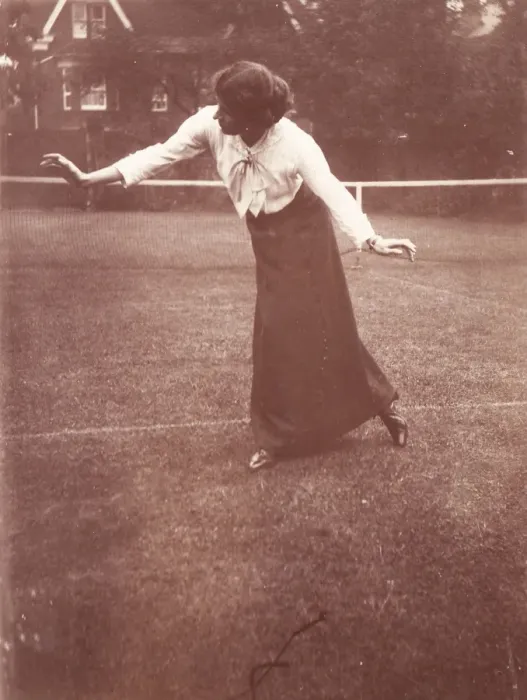 Framed Print : Miss Woolmoth pupil of Nellie Chaplin poses on tennis court Framed Print : Miss Woolmoth pupil of Nellie Chaplin poses on tennis court