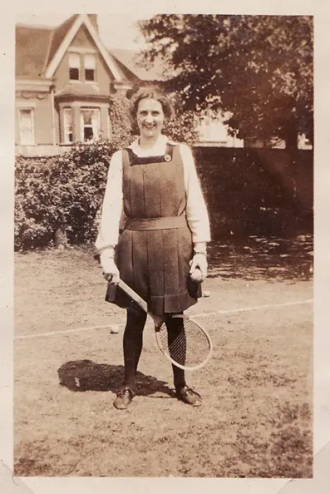 Framed Print : Miss Wynyard with tennis racket Framed Print : Miss Wynyard with tennis racket