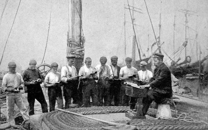 Framed Print : Mission to Seamen Service on board a Barge, 1906 Framed Print : Mission to Seamen Service on board a Barge, 1906