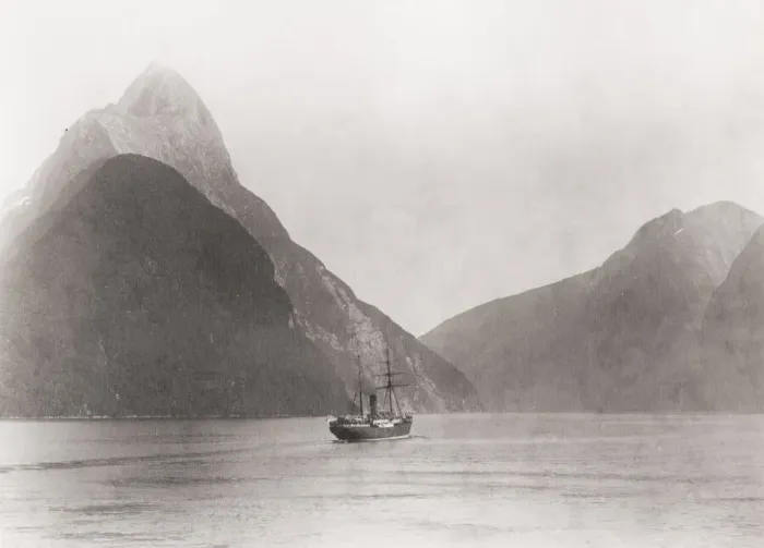Framed Print : Misty morning, Milford Sound New Zealand, boat in the water Framed Print : Misty morning, Milford Sound New Zealand, boat in the water