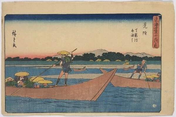 Mitsuke. Print shows men poling boats filled with travelers near the Mitsuke