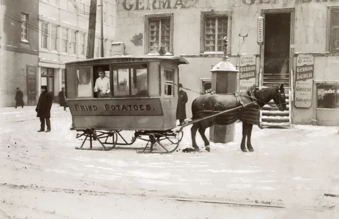 Framed Print : Mobile food stall, horse drawn sledge, snow in Canada, c. 1920 Framed Print : Mobile food stall, horse drawn sledge, snow in Canada, c. 1920