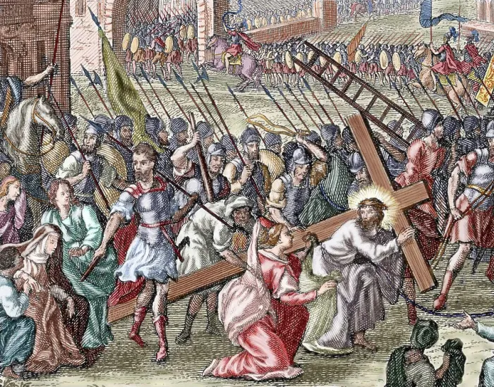 Framed Print : The mockery of the people and soldiers to Jesus. Colored eng Framed Print : The mockery of the people and soldiers to Jesus. Colored eng
