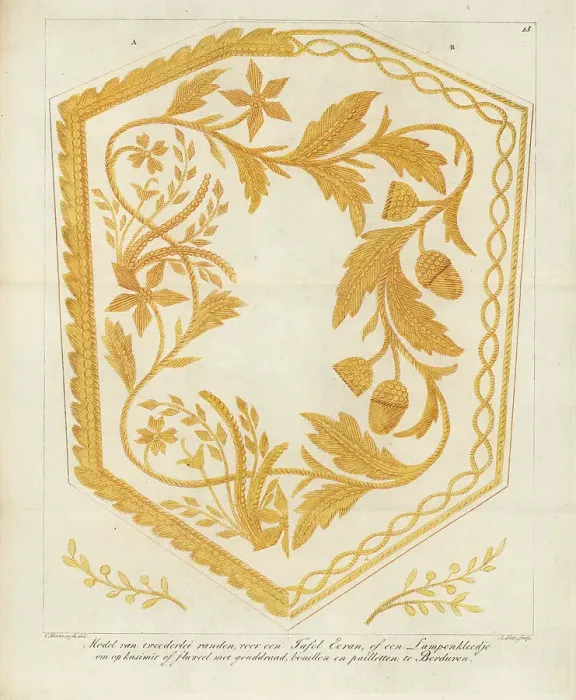 Framed Print : Model for an embroidered table screen or lampshade with floral p Framed Print : Model for an embroidered table screen or lampshade with floral p
