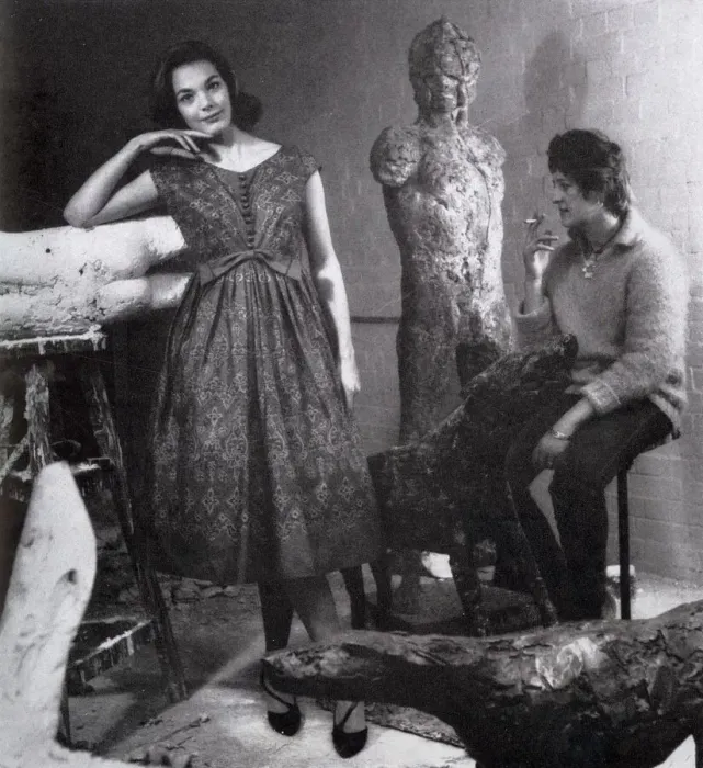 Framed Print : Model wearing a cotton dress by Sambo, visits Elisabeth Frink, the sculptor in her studio Framed Print : Model wearing a cotton dress by Sambo, visits Elisabeth Frink, the sculptor in her studio