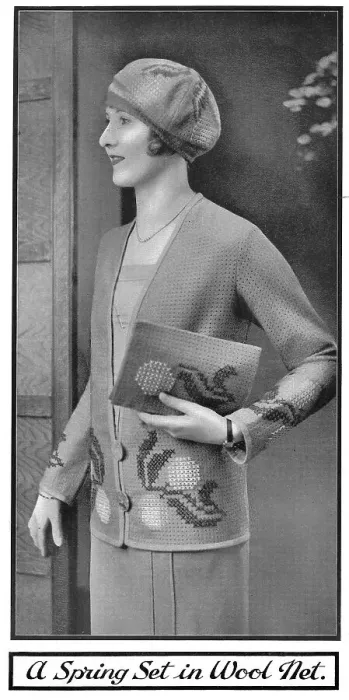 Framed Print : Model wearing an embroidered jacket and carrying a matching embroidered pochette, made of perforated wool net fabric. Date: 1920s Framed Print : Model wearing an embroidered jacket and carrying a matching embroidered pochette, made of perforated wool net fabric. Date: 1920s