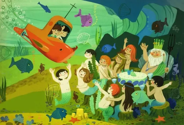 Framed Print : Modern fairy tale: submarine and mermaids Framed Print : Modern fairy tale: submarine and mermaids