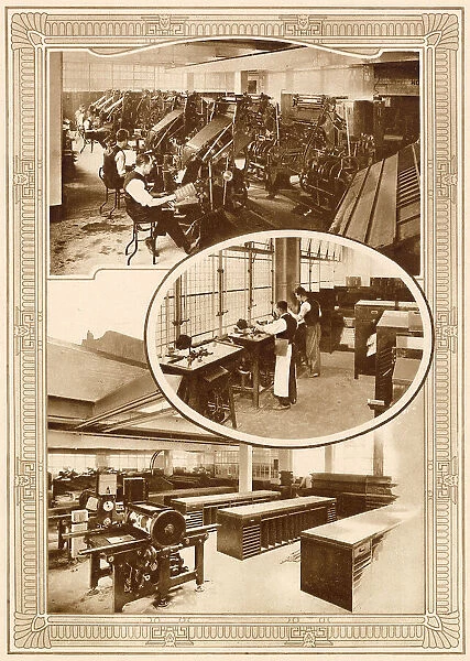 Some of the modern linotype machines which set the type for The Daily Mail in Northcliffe House in Kensington London. (Centre) Ludlow casters by which display type for headings and advertisements is swiftly handled
