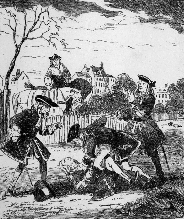 Framed Print : Mohun and Hamilton duelling with swords Framed Print : Mohun and Hamilton duelling with swords