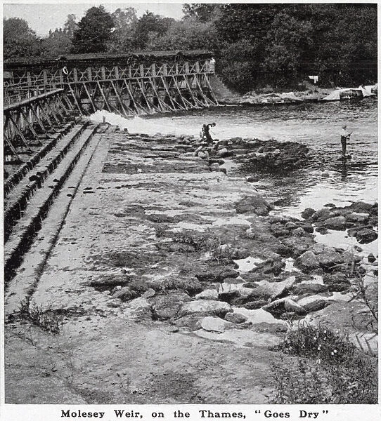 Molesey Weir, usually noted for its rush of water, shown completely dry during a period