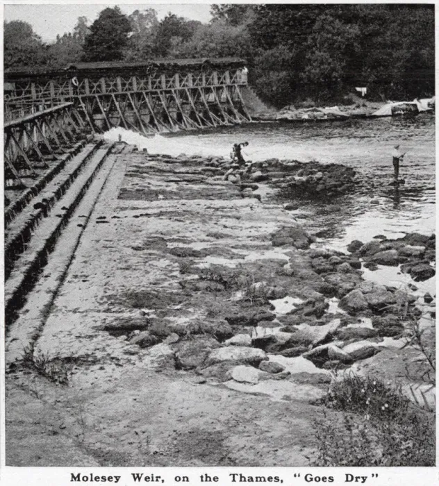 Framed Print : Molesey Weir, usually noted for its rush of water, shown completely dry during a period Framed Print : Molesey Weir, usually noted for its rush of water, shown completely dry during a period