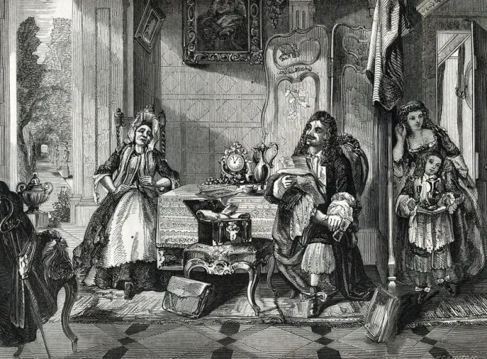 Framed Print : Moliere reading his comedies to his housekeeper Framed Print : Moliere reading his comedies to his housekeeper