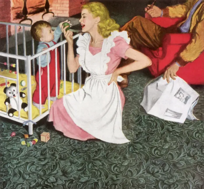 Framed Print : Mom and Son in Playpen Date: 1948 Framed Print : Mom and Son in Playpen Date: 1948