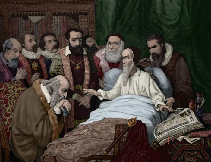 Framed Print : Last moments of Calvin (1509-1564). Engraving. Colored Framed Print : Last moments of Calvin (1509-1564). Engraving. Colored