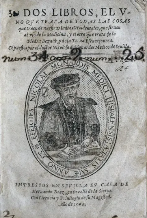 Framed Print : MONARDES, Nicol᳠(1507-1888). Two books, one Framed Print : MONARDES, Nicol᳠(1507-1888). Two books, one