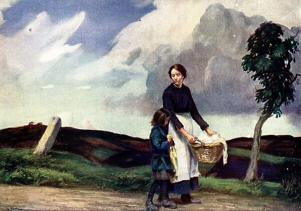 Monday. A watercolour painting showing a lady with a white apron