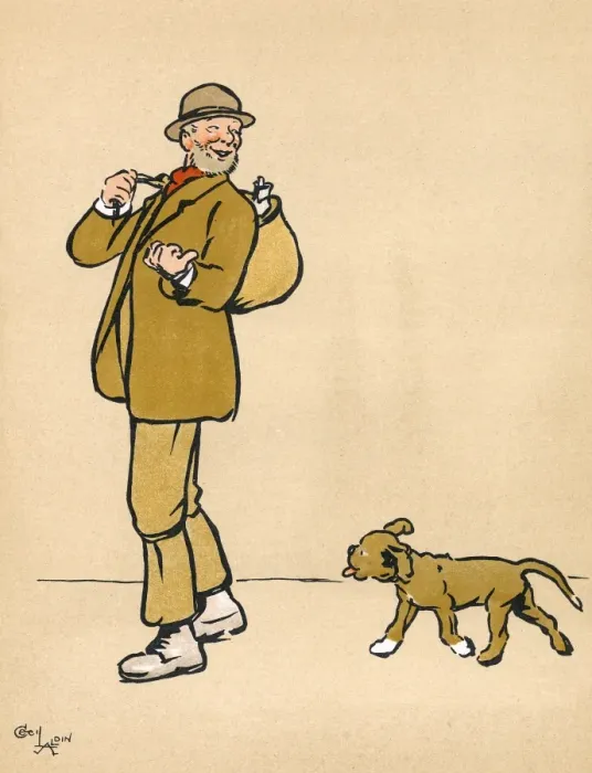 Framed Print : Mongrel puppy follows a working man Framed Print : Mongrel puppy follows a working man