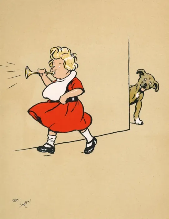 Framed Print : Mongrel puppy watching a little boy blowing a toy trumpet Framed Print : Mongrel puppy watching a little boy blowing a toy trumpet