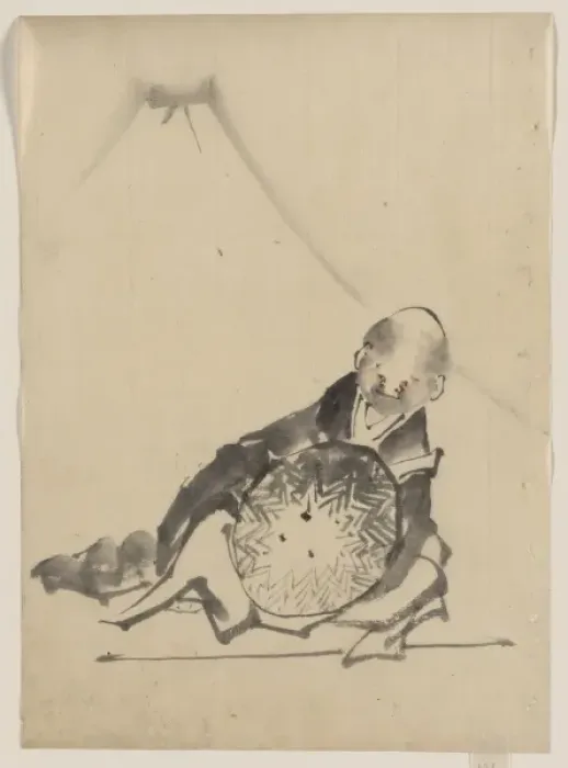 Framed Print : A monk reclining, holding a large conical hat in front of hi Framed Print : A monk reclining, holding a large conical hat in front of hi