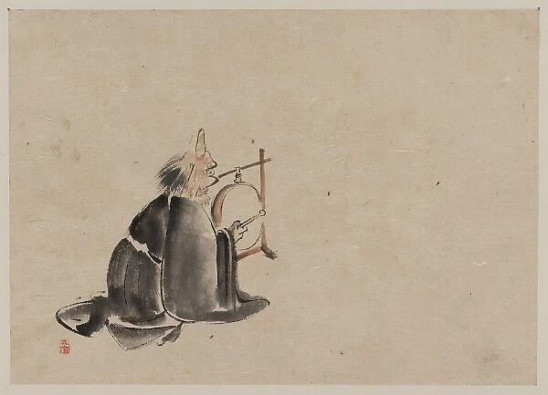 A monk wearing a mask(?) with a horn, sitting on the ground