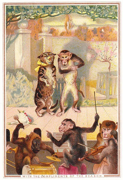 Monkey and cat duet on a Christmas card